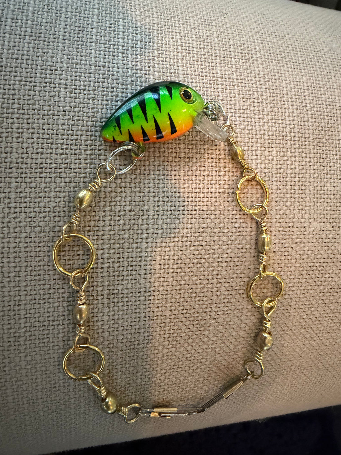 handmade Fishing Lure Bracelet with green tones