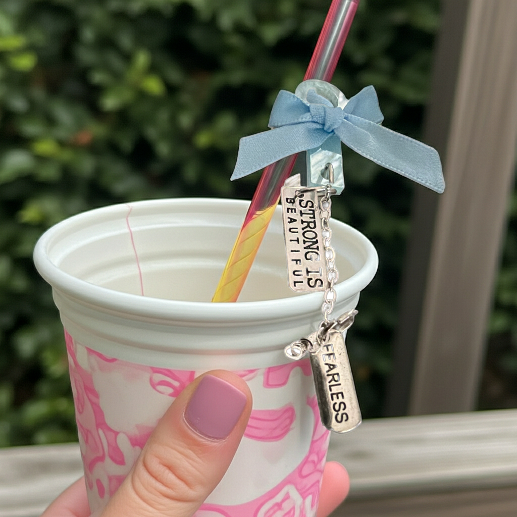 White cup with pink design, straw with blue bow, and motivational charm held by a hand.