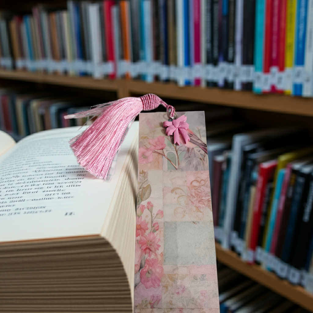 Pink Floral Print Bookmark | Pressed Flower Bookmark with Tassel