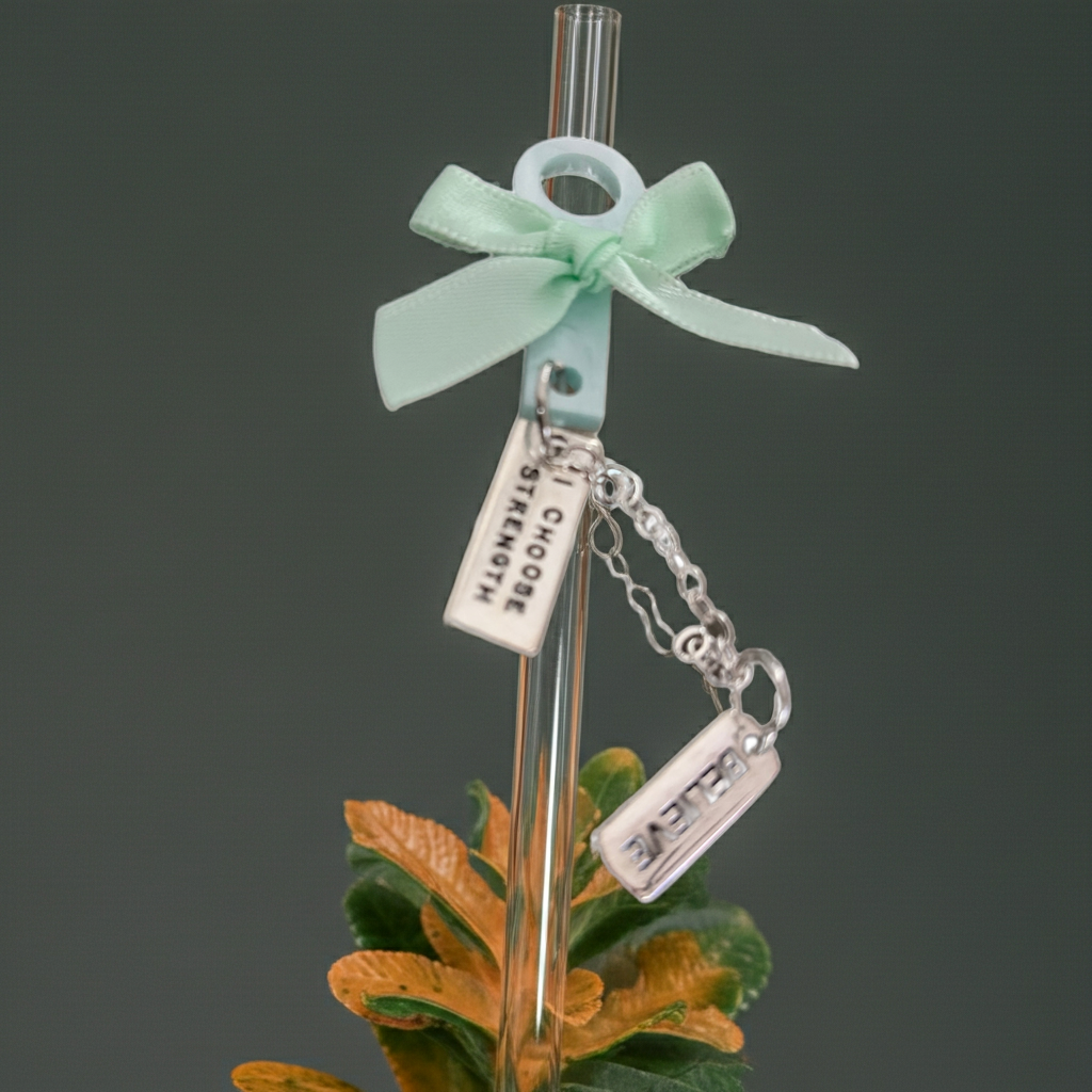 Clear straw with a green ribbon and charms on a dark background